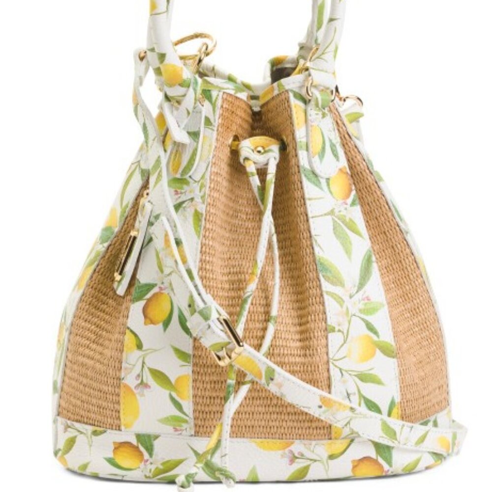 NEW Valentina Italia Lemon Print & Woven Panel Bucket Bag With Drawstring Closur